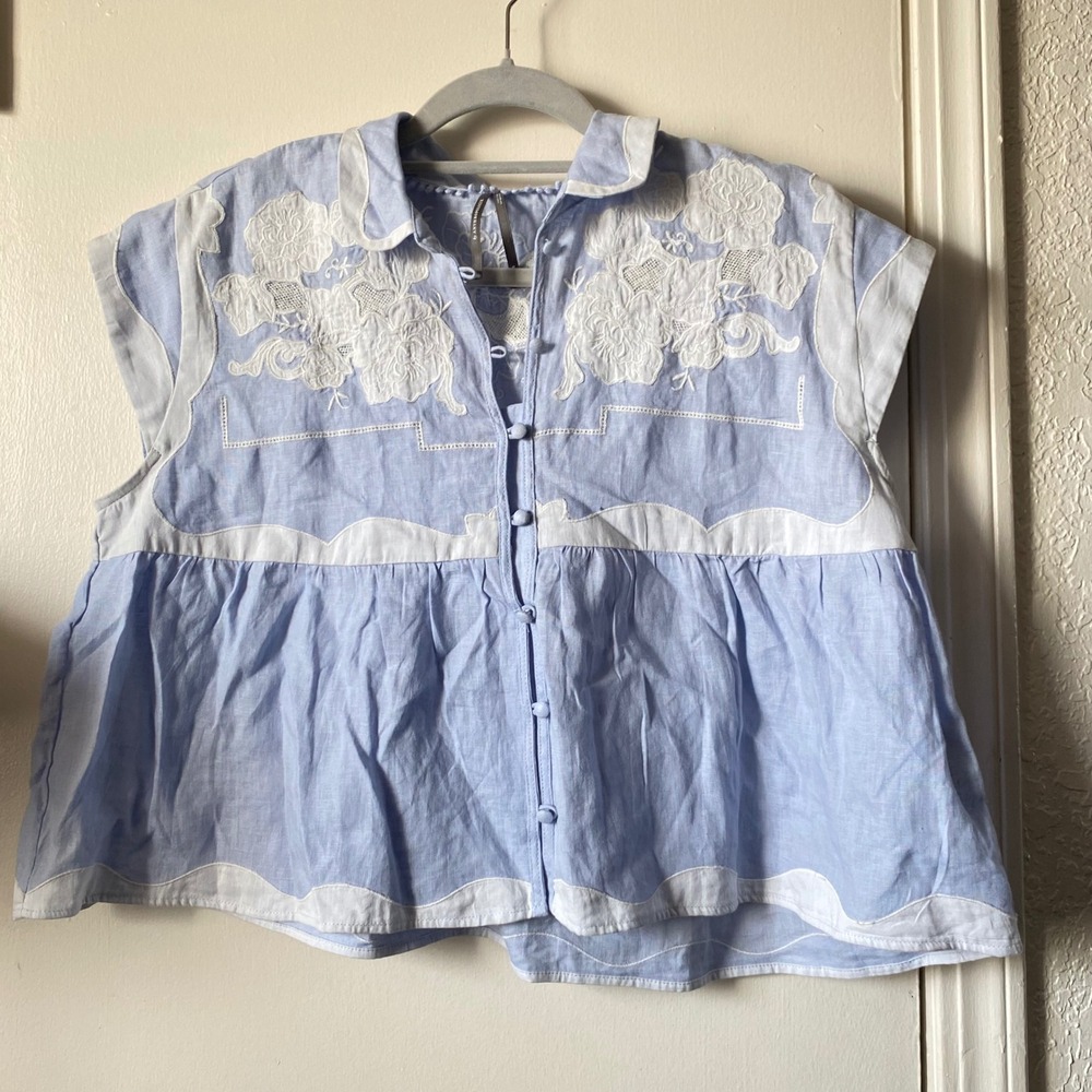 Anthropologie Boho Linen Floral Embroidery Babydoll Casual Chic Top Small